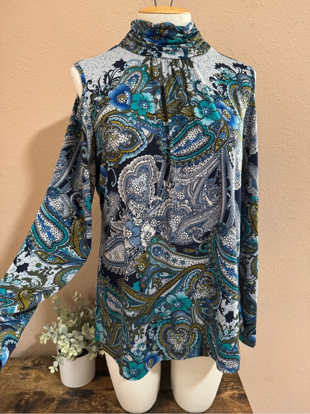 Susan Graver Blue Paisley Cold-Shoulder Mock Neck Top QVC